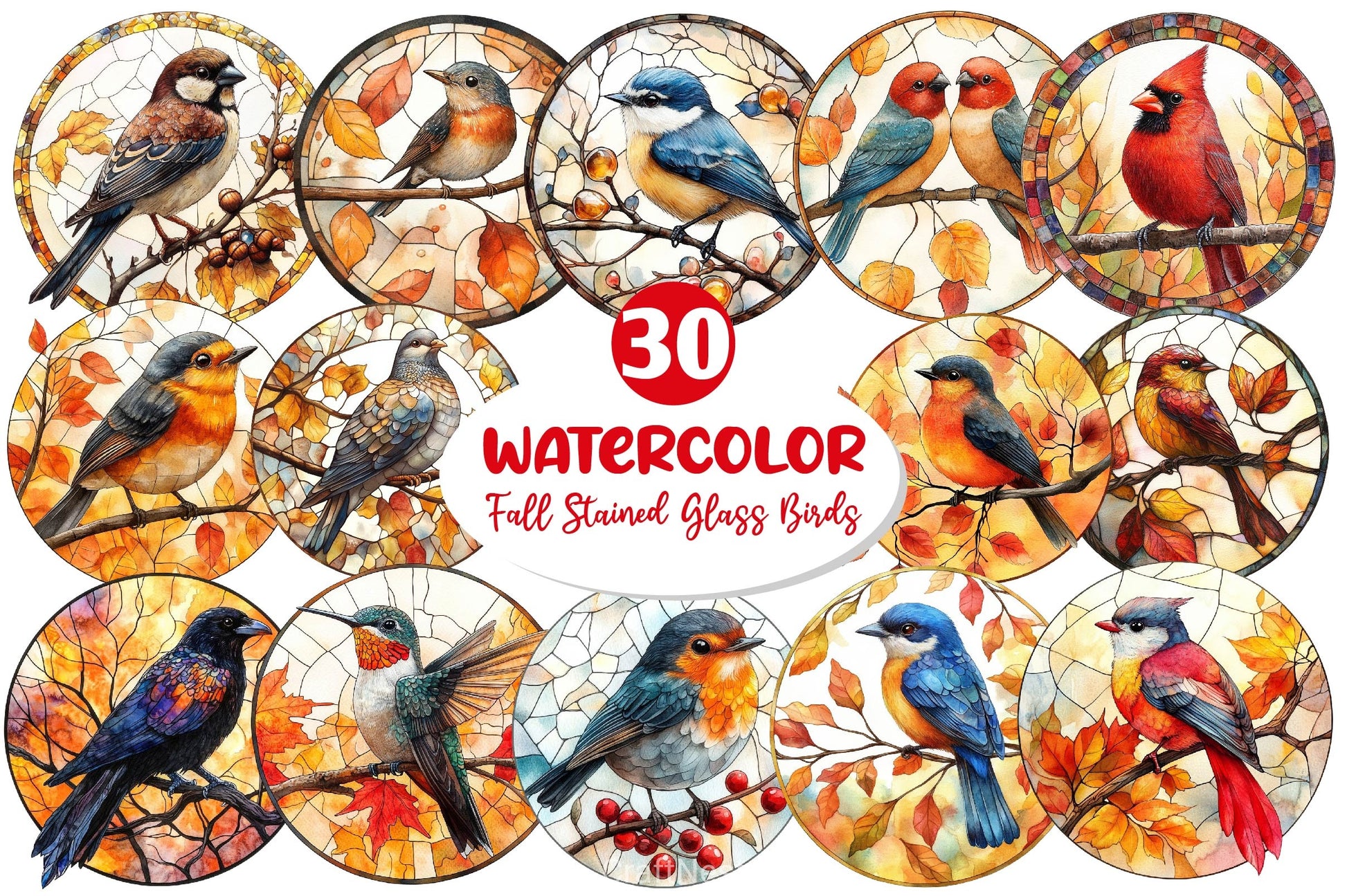 Fall Stained Glass Birds Clipart Bundle - CraftNest - Digital Crafting and Art