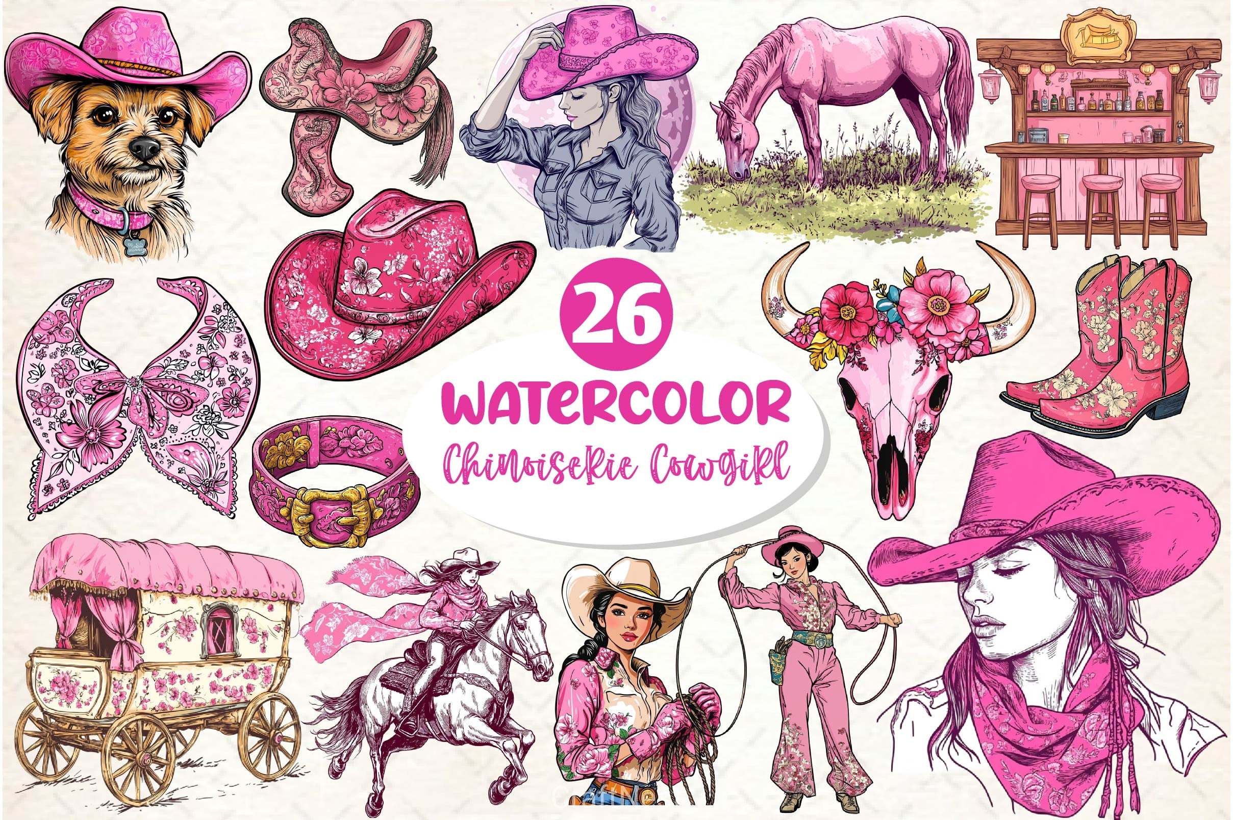 Pink Chinoiserie Cowgirl Clipart Bundle 2 - CraftNest - Digital Crafting and Art