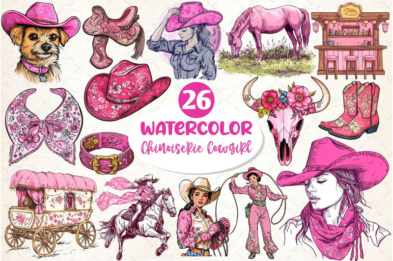 Pink Chinoiserie Cowgirl Clipart Bundle 2 - CraftNest - Digital Crafting and Art
