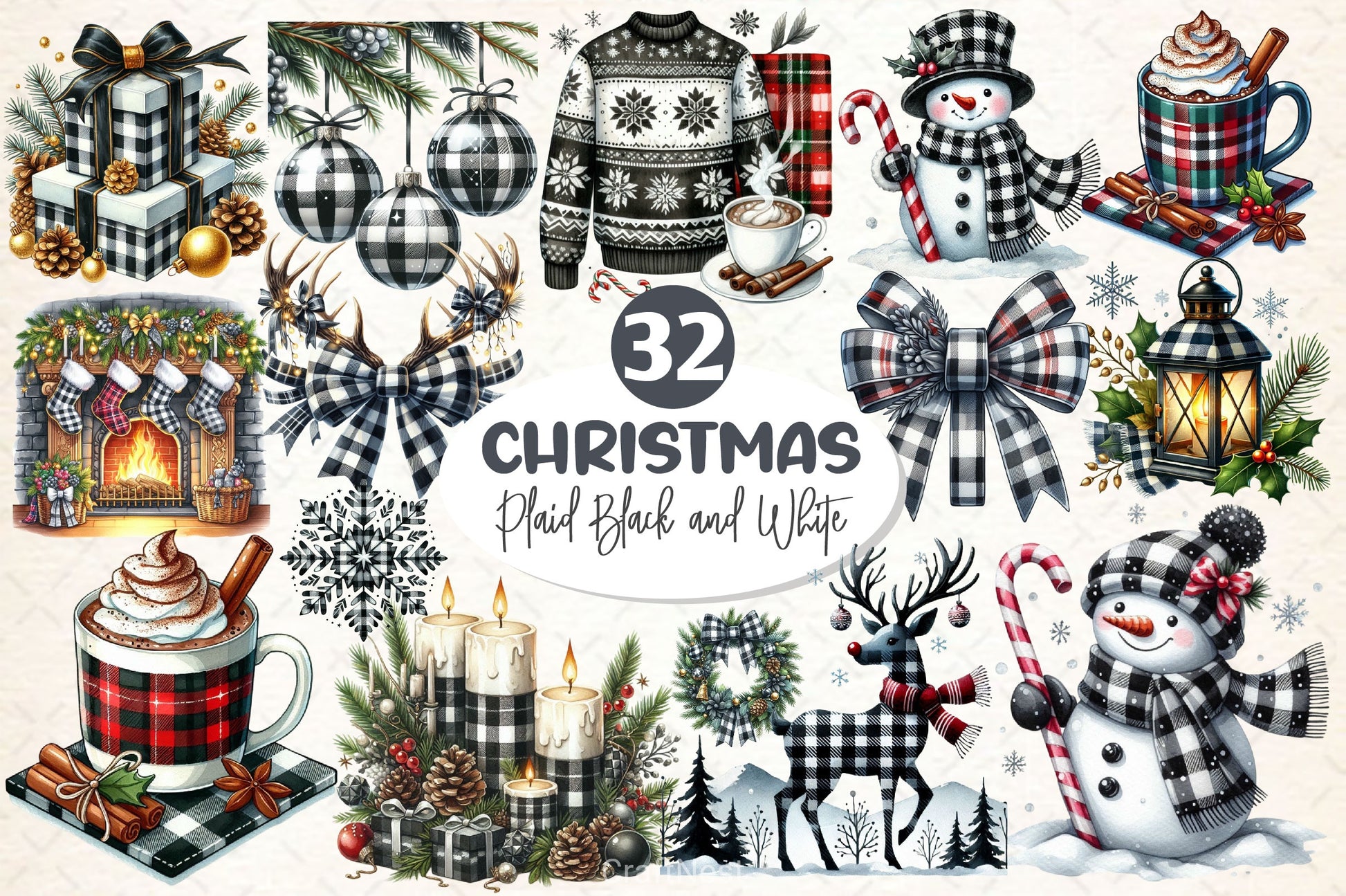 Luxury Plaid Black White Christmas Clipart Bundle - CraftNest - Digital Crafting and Art