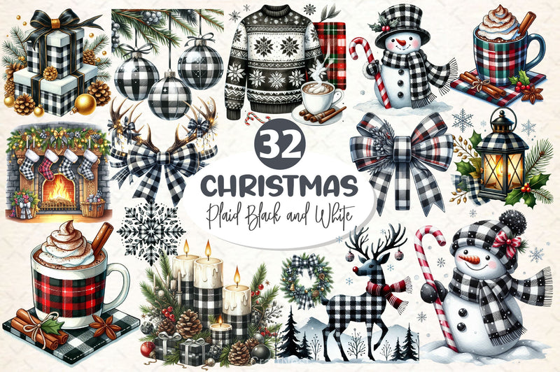 Luxury Plaid Black White Christmas Clipart Bundle - CraftNest - Digital Crafting and Art