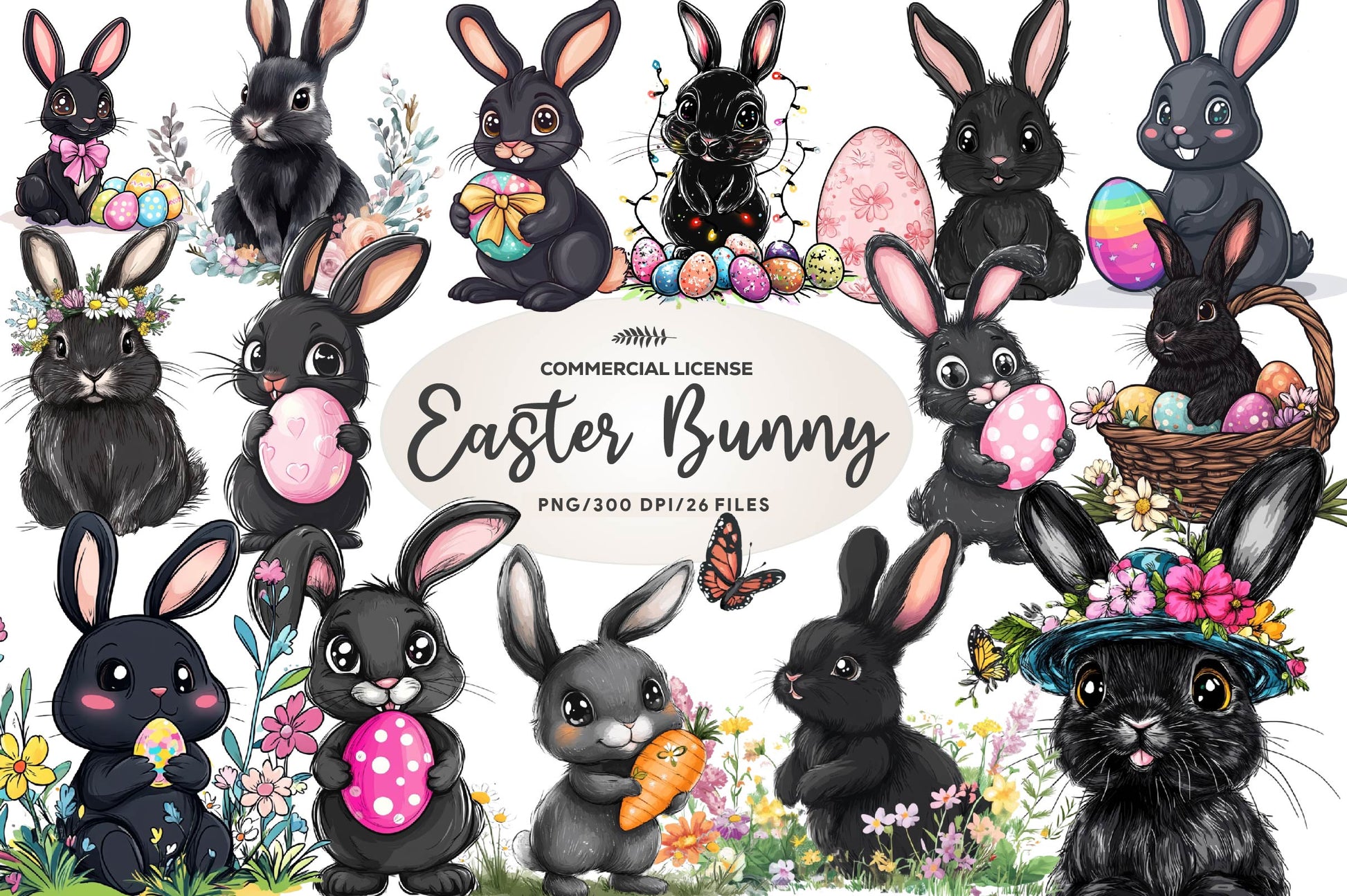 Cute Black Easter Bunny Clipart Bundle - CraftNest - Digital Crafting and Art