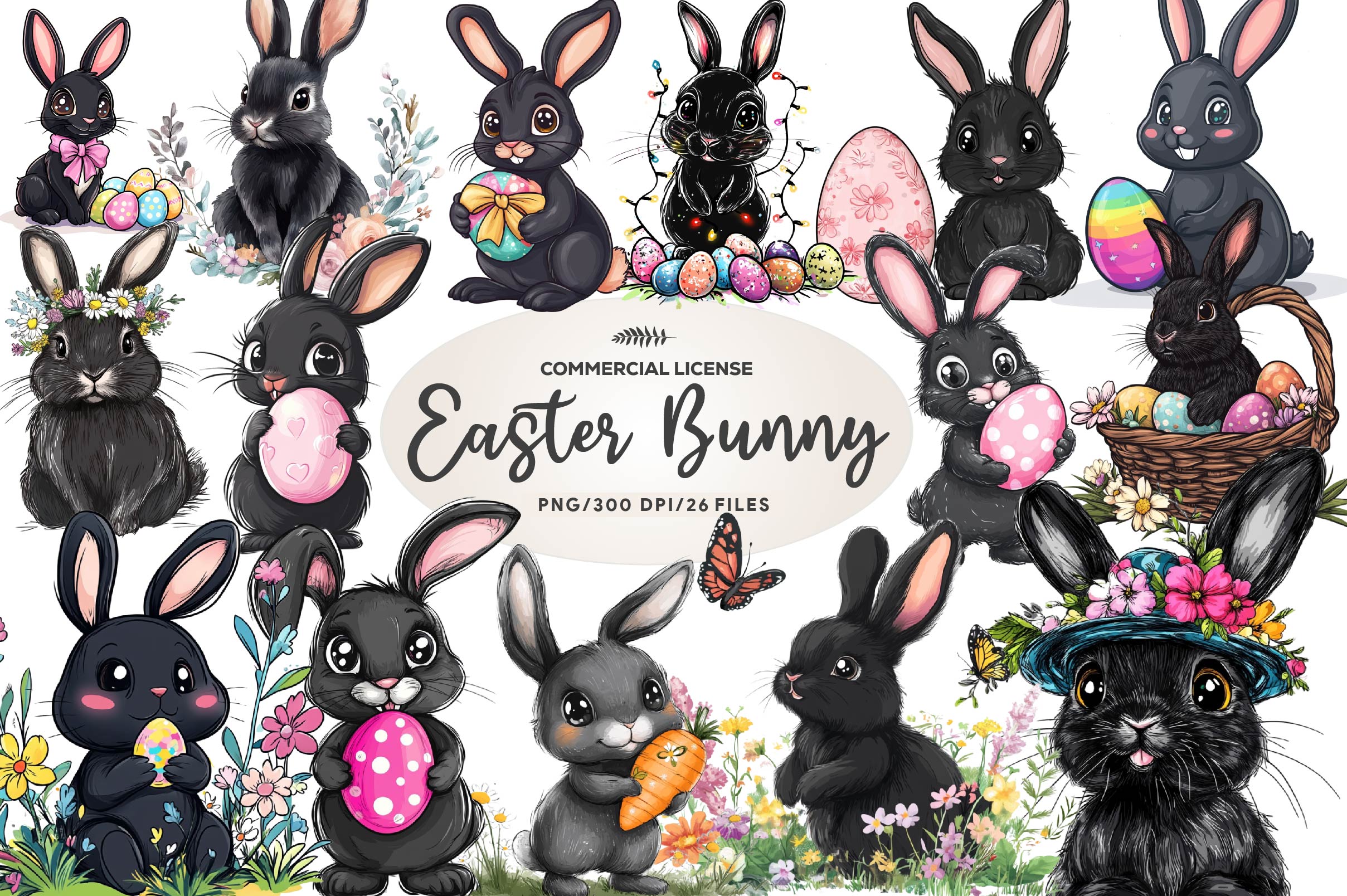 Cute Black Easter Bunny Clipart Bundle - CraftNest - Digital Crafting and Art