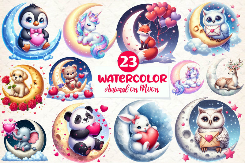 Valentine Animal On Moon Clipart Bundle - CraftNest - Digital Crafting and Art