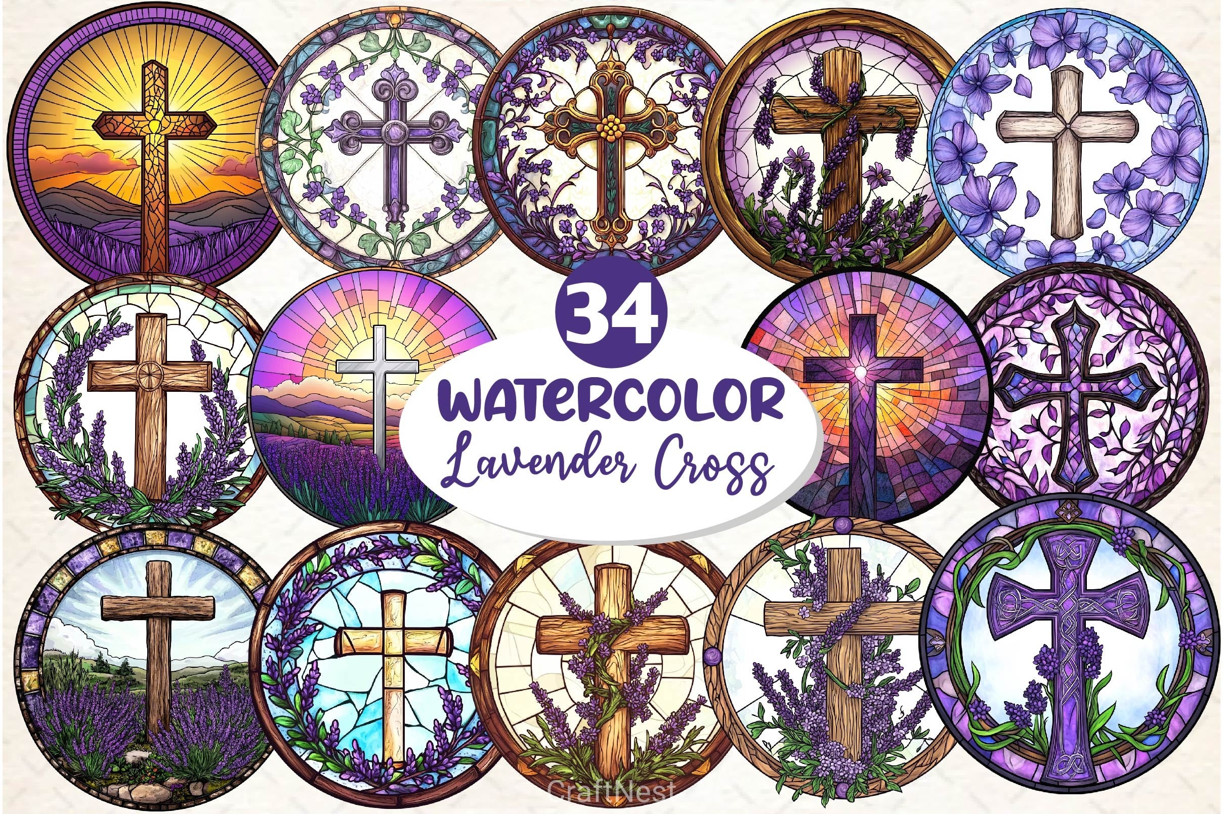 Lavender Blessing & Cross Faux Stained Glass Clipart Bundle - CraftNest - Digital Crafting and Art