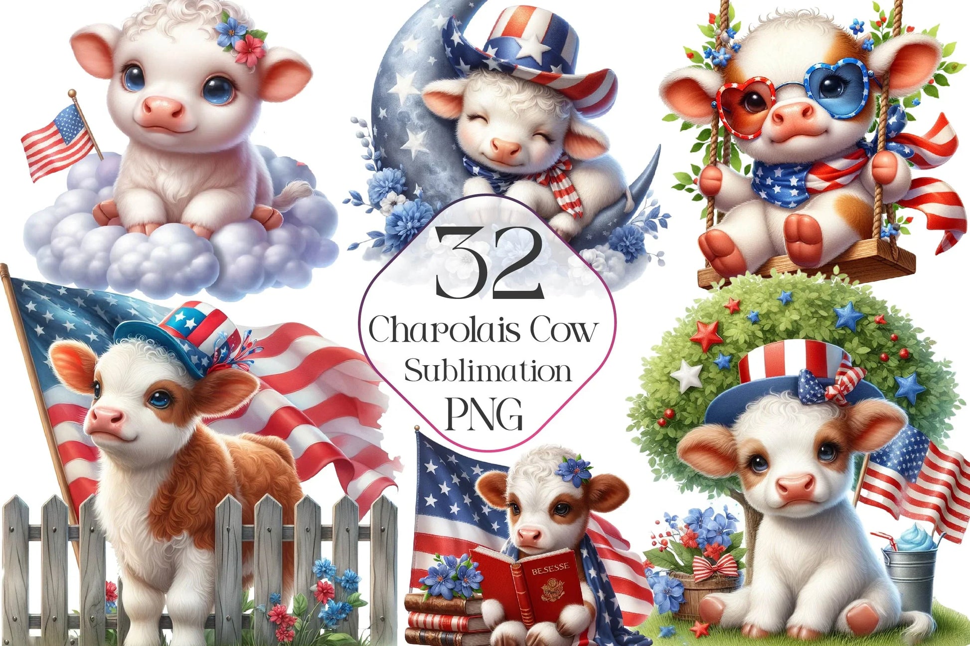 Patriotic Charolais Cow Clipart Bundle - CraftNest - Digital Crafting and Art