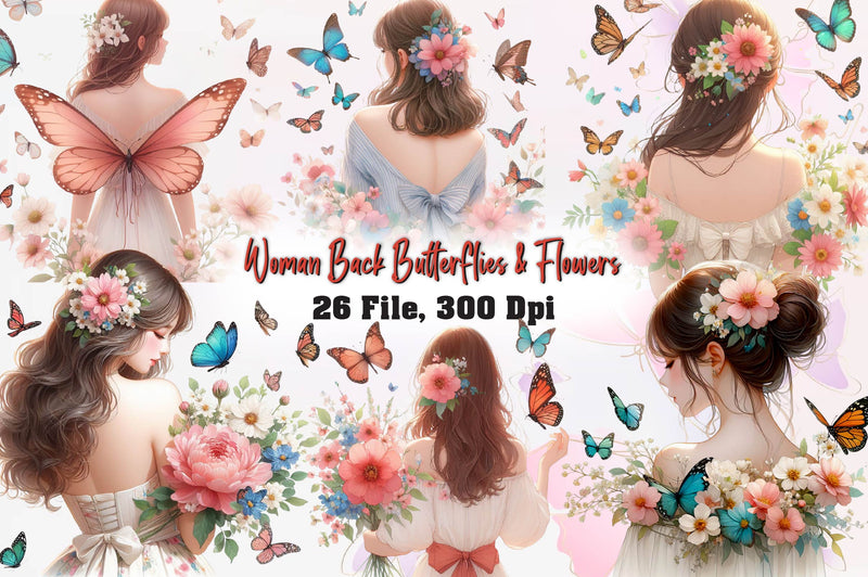 Woman Back Butterflies & Flowers Clipart Bundle - CraftNest - Digital Crafting and Art
