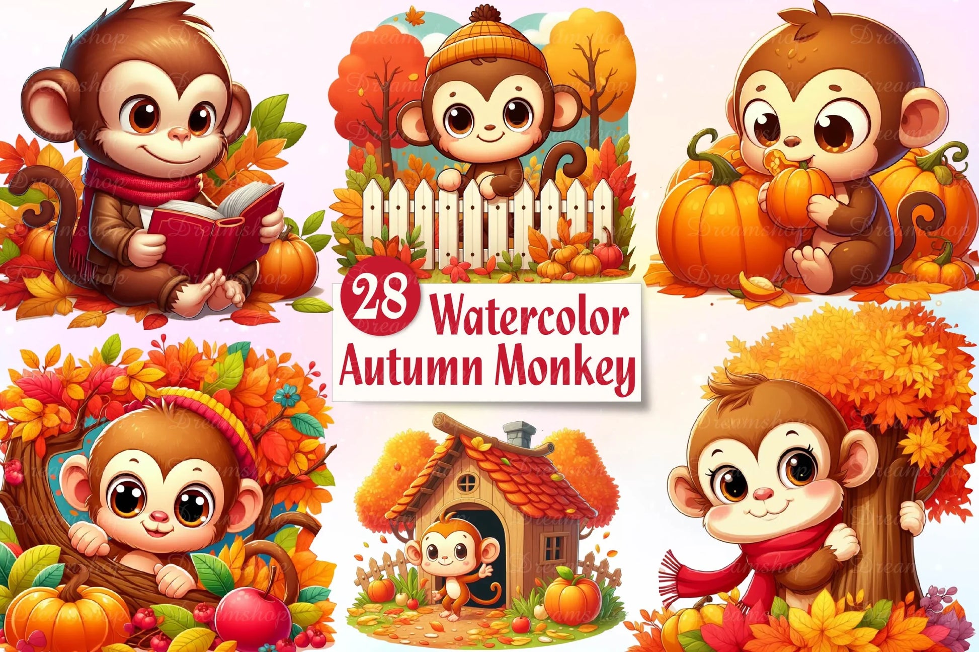 Cute Autumn Monkey Clipart Bundle - CraftNest - Digital Crafting and Art