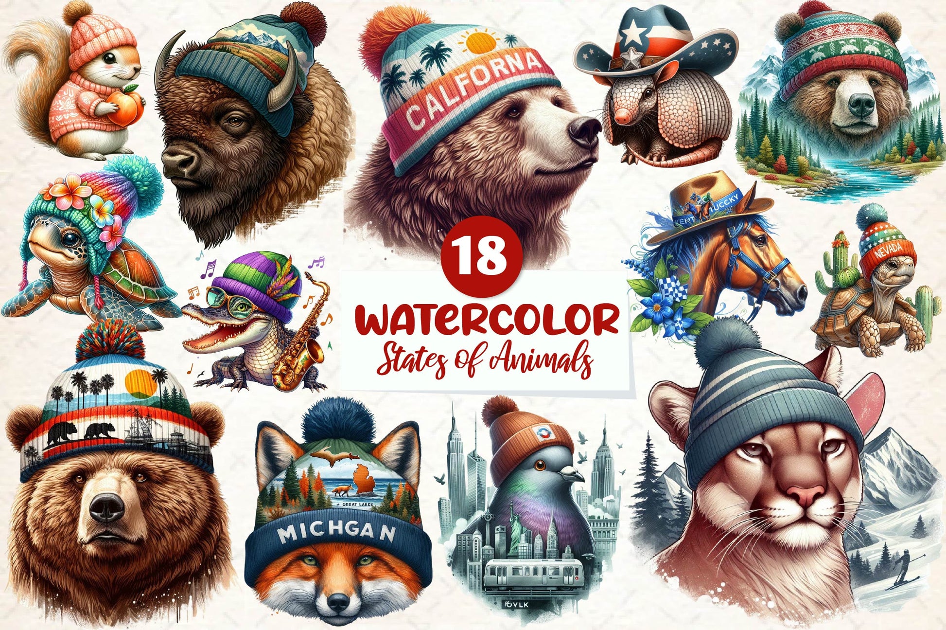 States Of Animals Wearing Knit Beanies Clipart Bundle - CraftNest - Digital Crafting and Art