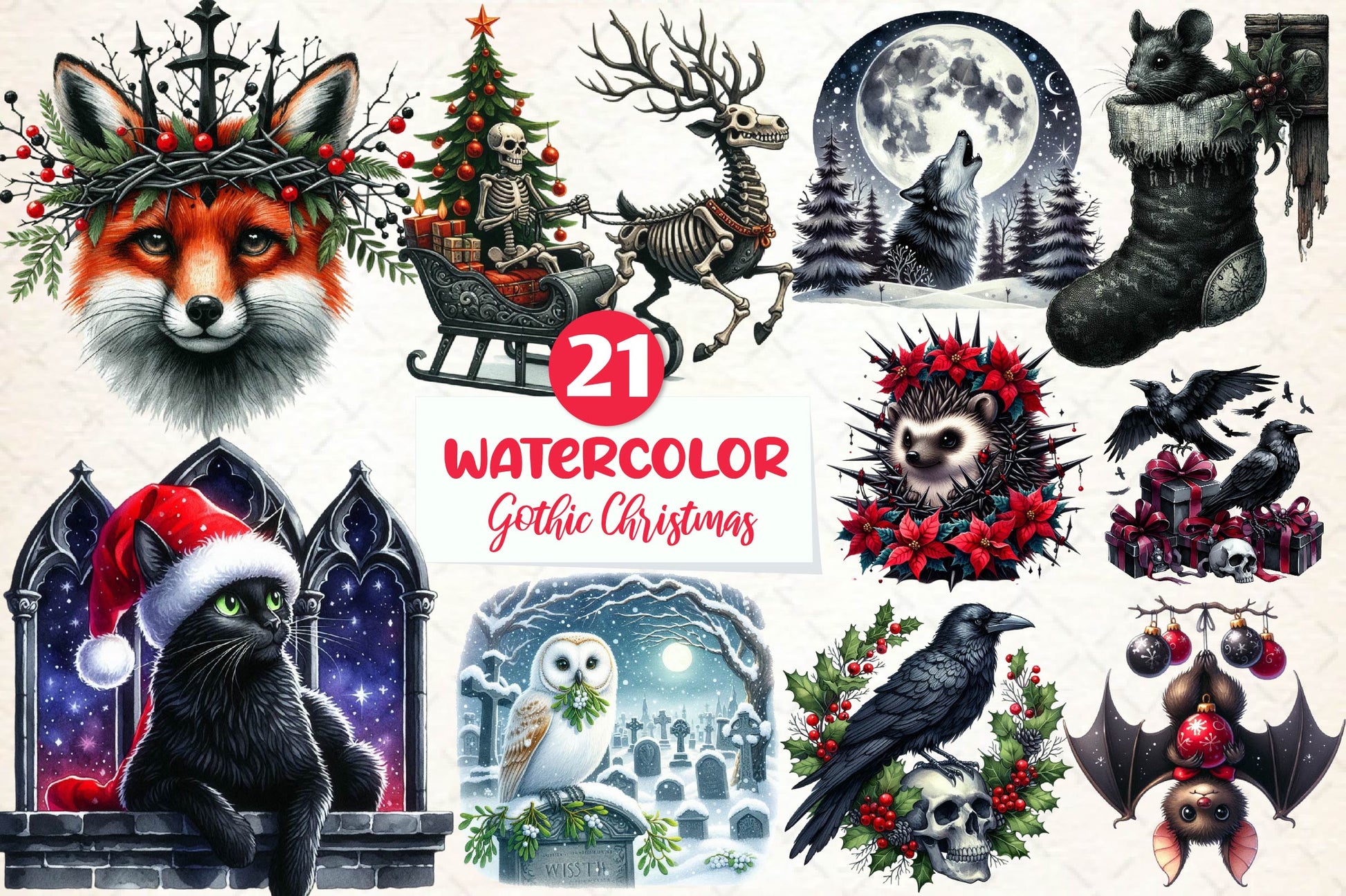 Christmas Gothic Animals Clipart Bundle - CraftNest - Digital Crafting and Art
