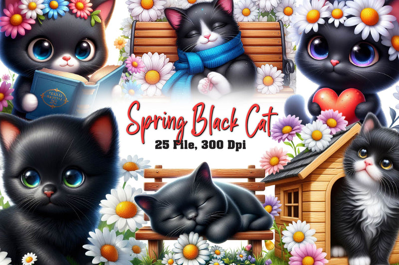 Spring Black Cat Clipart Bundle - CraftNest - Digital Crafting and Art