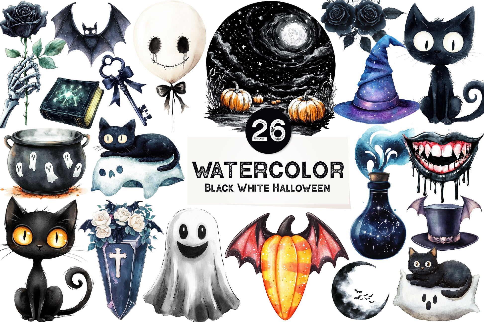 Black White Halloween Clipart Bundle - CraftNest - Digital Crafting and Art