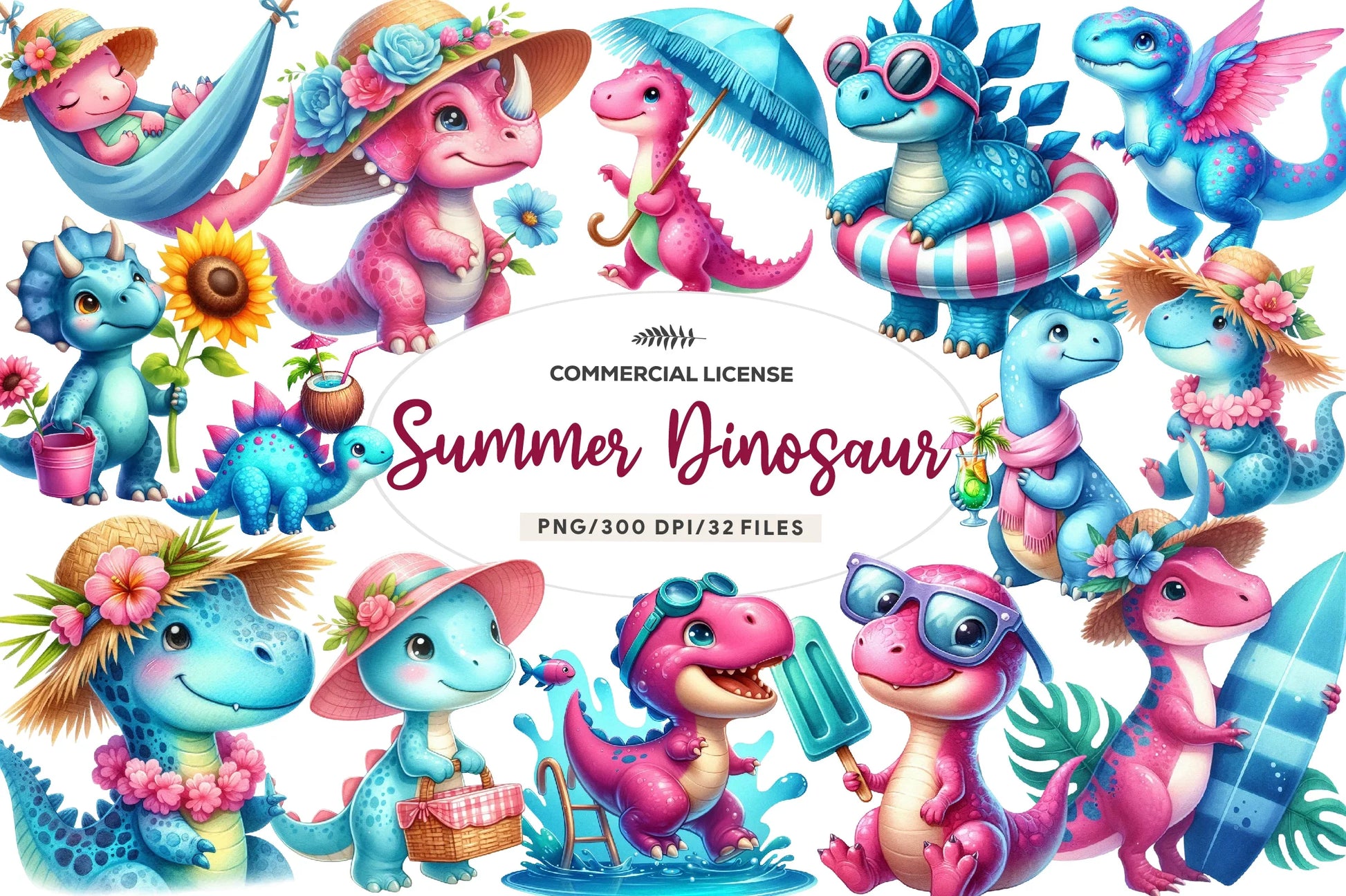 Summer Dinosaur Clipart Bundle - CraftNest - Digital Crafting and Art