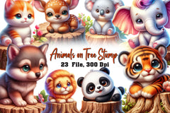 Cute Animals On Tree Stump Clipart Bundle - CraftNest - Digital Crafting and Art