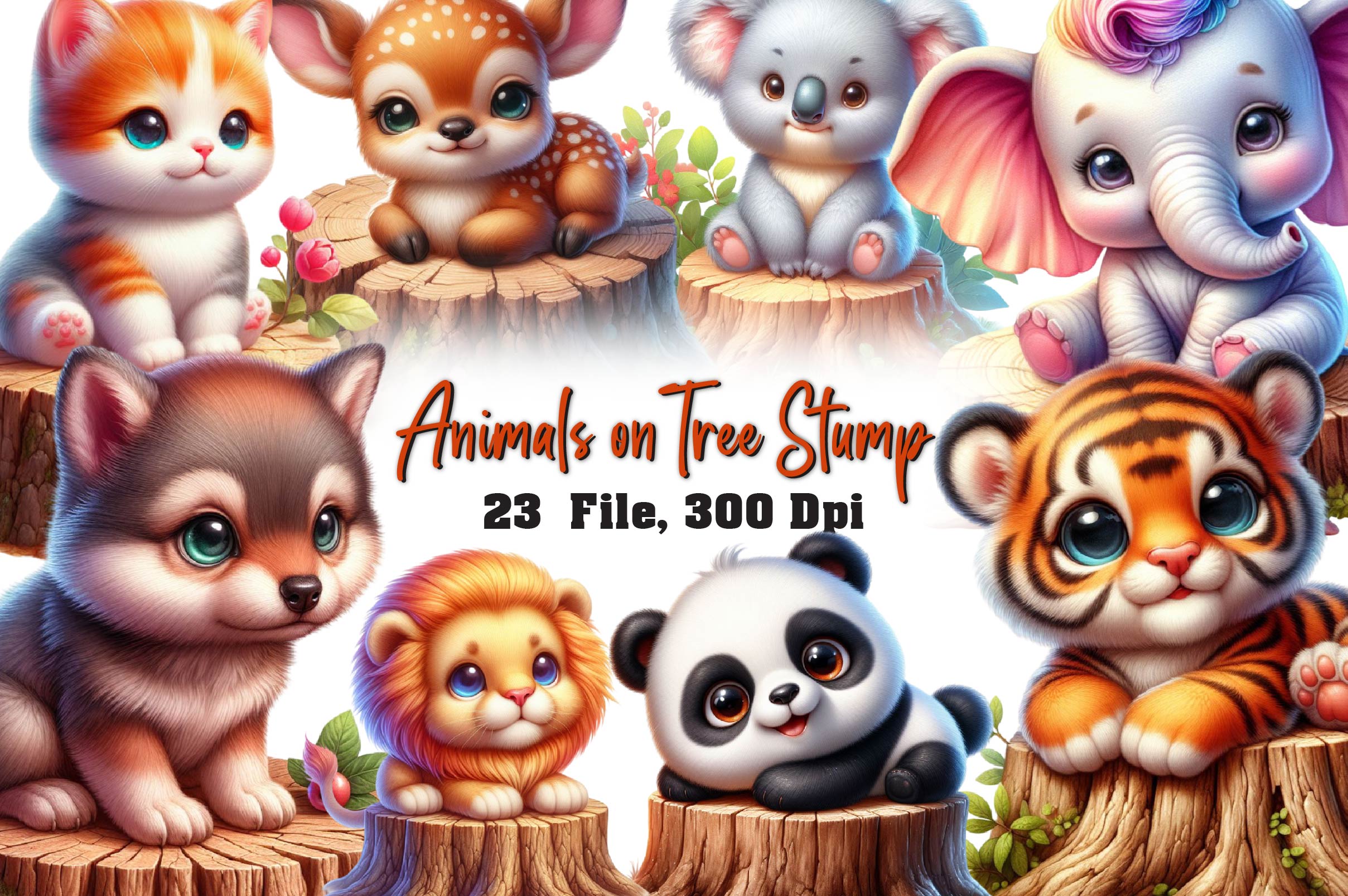 Cute Animals On Tree Stump Clipart Bundle - CraftNest - Digital Crafting and Art