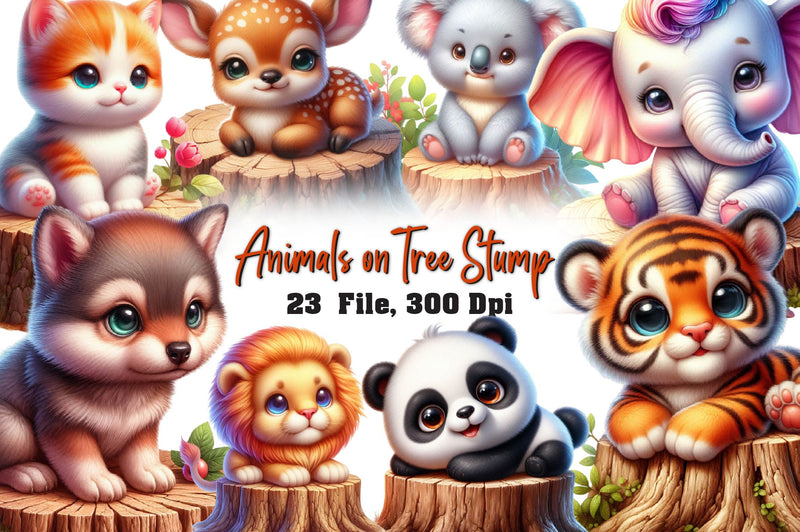 Cute Animals On Tree Stump Clipart Bundle - CraftNest - Digital Crafting and Art