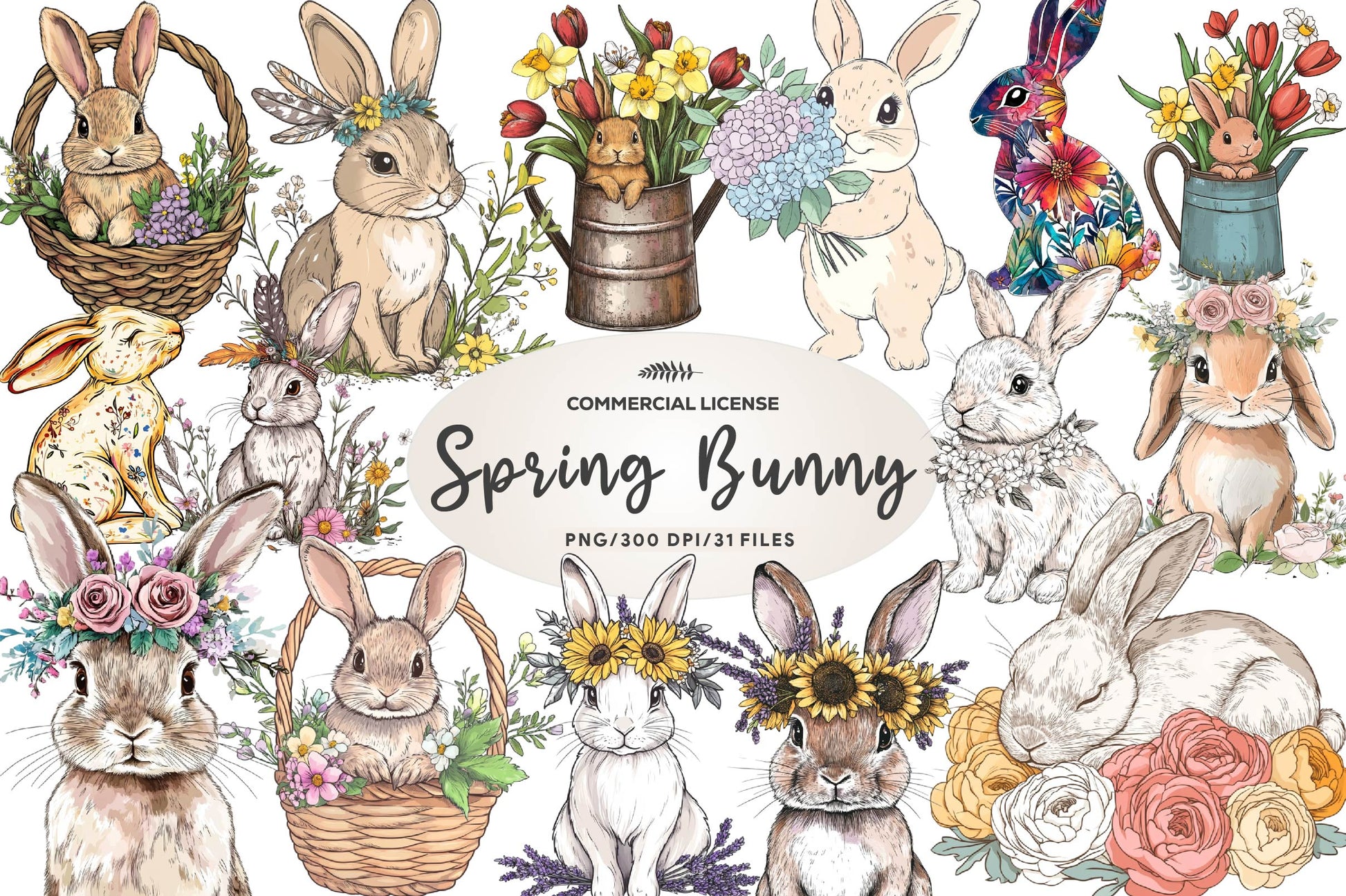 Boho Bunny & Spring Flowers Clipart Bundle - CraftNest - Digital Crafting and Art
