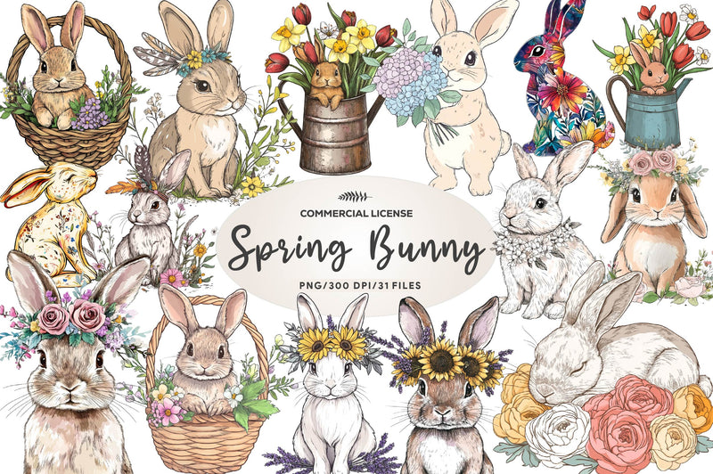 Boho Bunny & Spring Flowers Clipart Bundle - CraftNest - Digital Crafting and Art