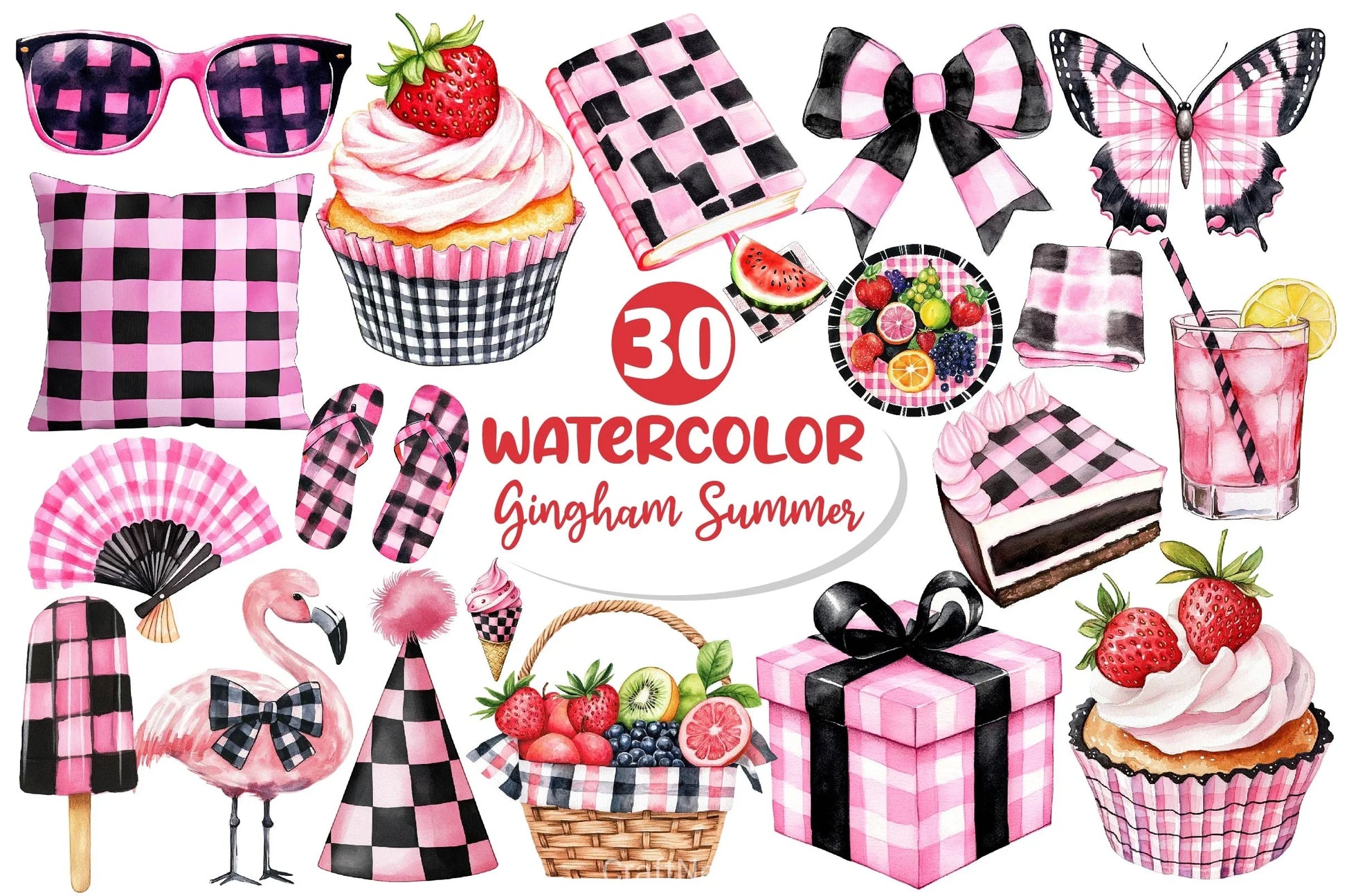 Black And Pink Gingham Summer Clipart Bundle - CraftNest - Digital Crafting and Art
