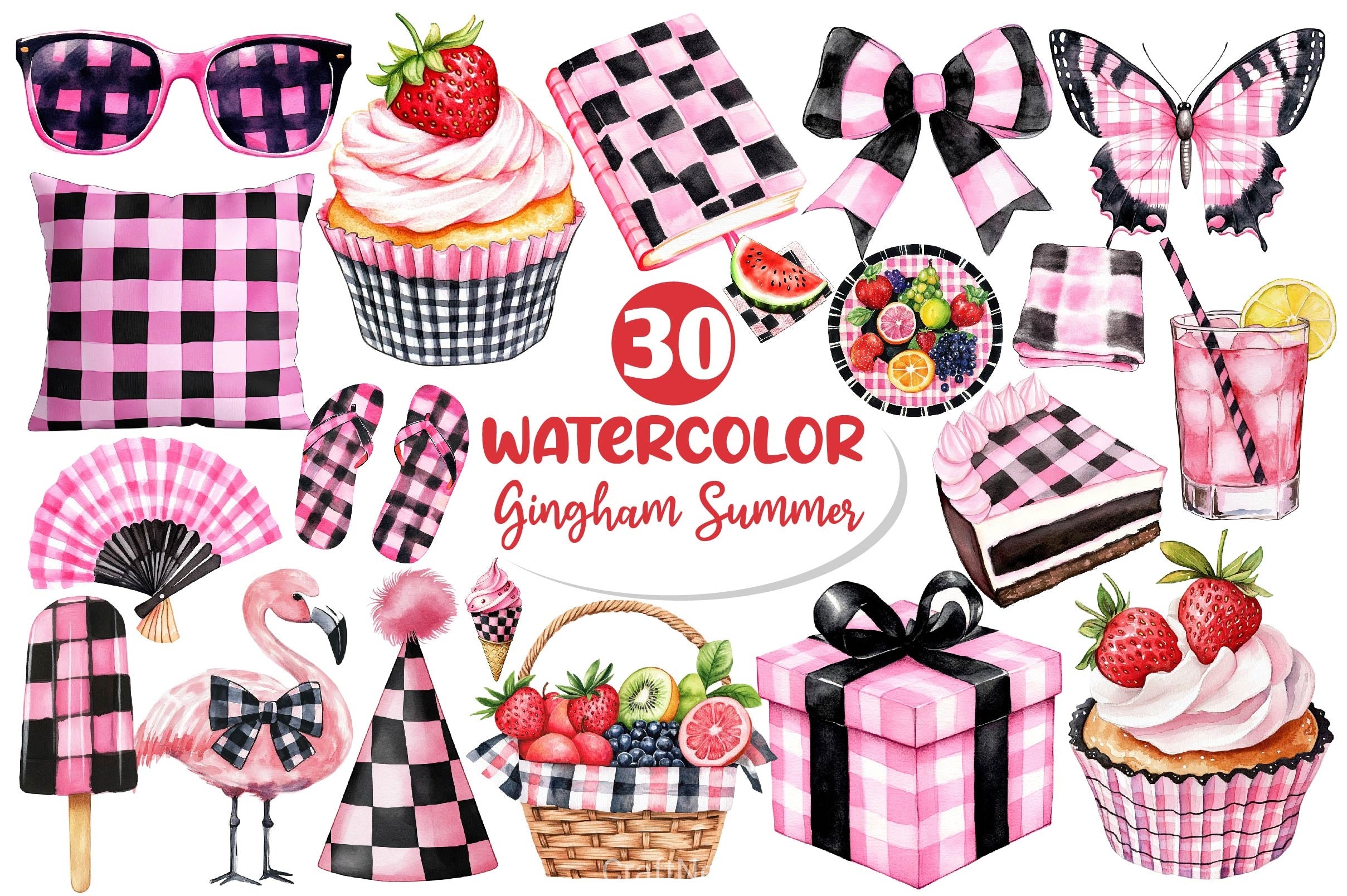 Black And Pink Gingham Summer Clipart Bundle - CraftNest - Digital Crafting and Art