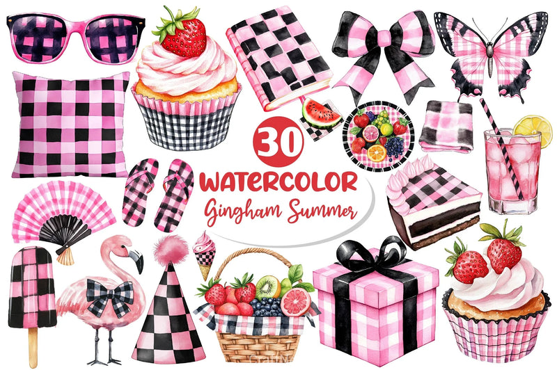 Black And Pink Gingham Summer Clipart Bundle - CraftNest - Digital Crafting and Art