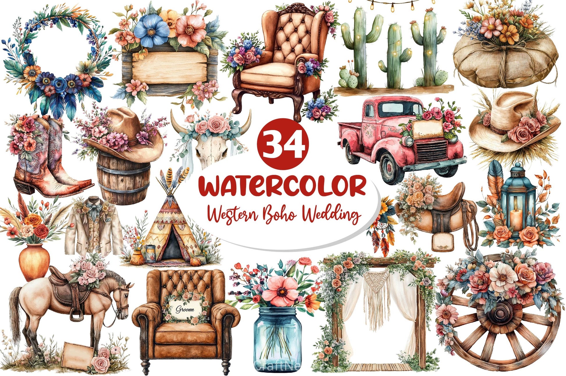Western Boho Wedding Clipart Bundle 3 - CraftNest - Digital Crafting and Art