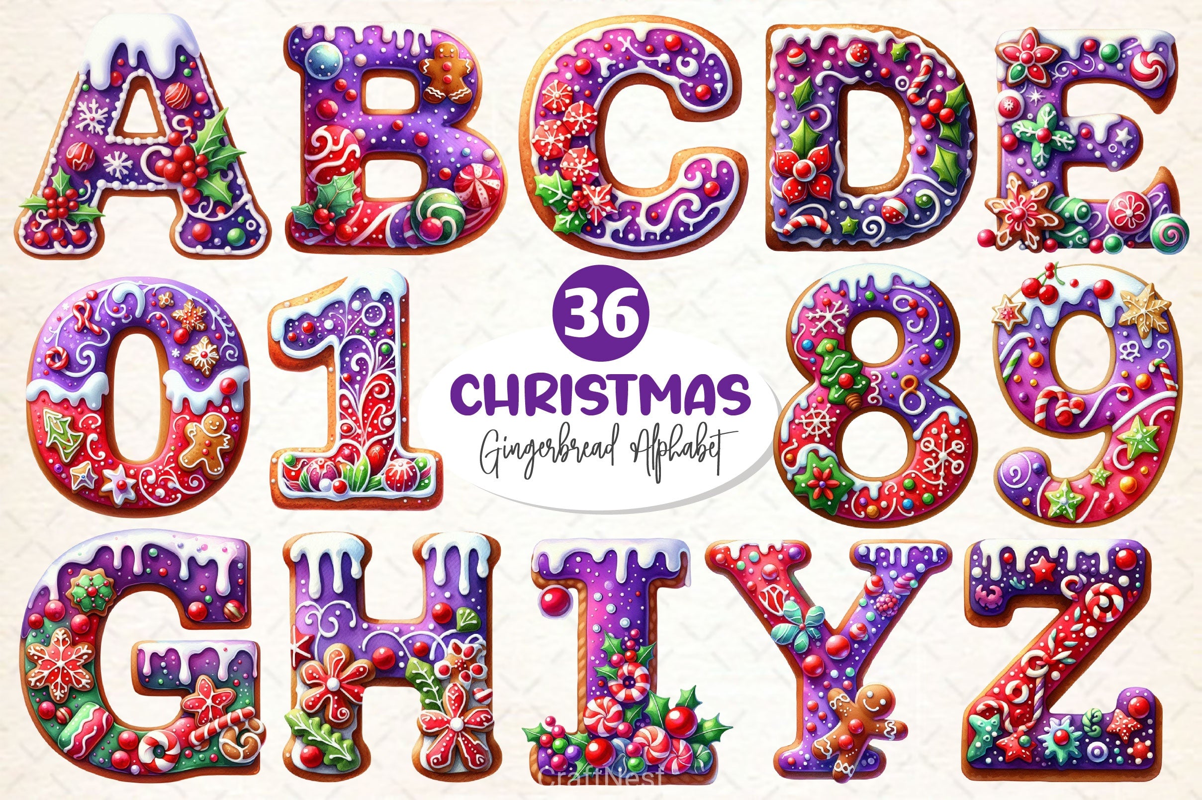Purple Christmas Gingerbread Alphabet Clipart Bundle - CraftNest - Digital Crafting and Art