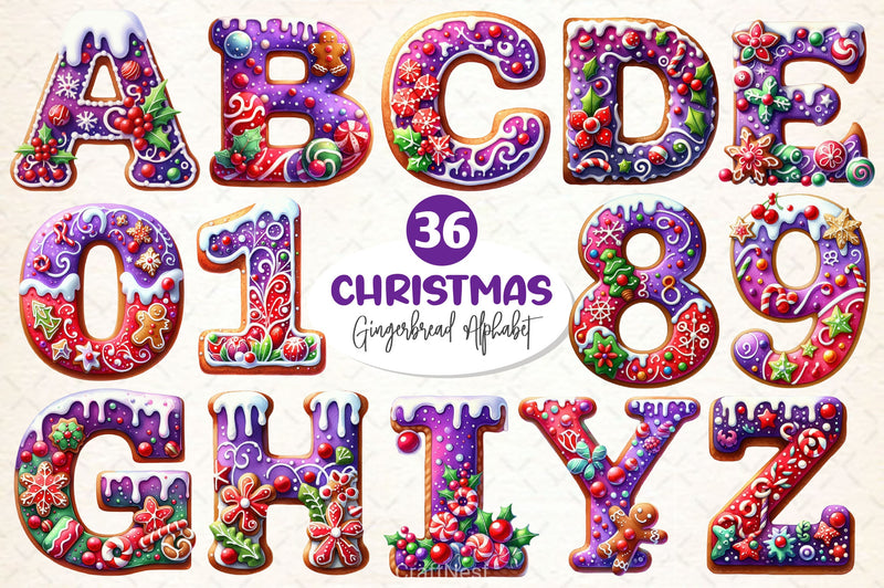 Purple Christmas Gingerbread Alphabet Clipart Bundle - CraftNest - Digital Crafting and Art