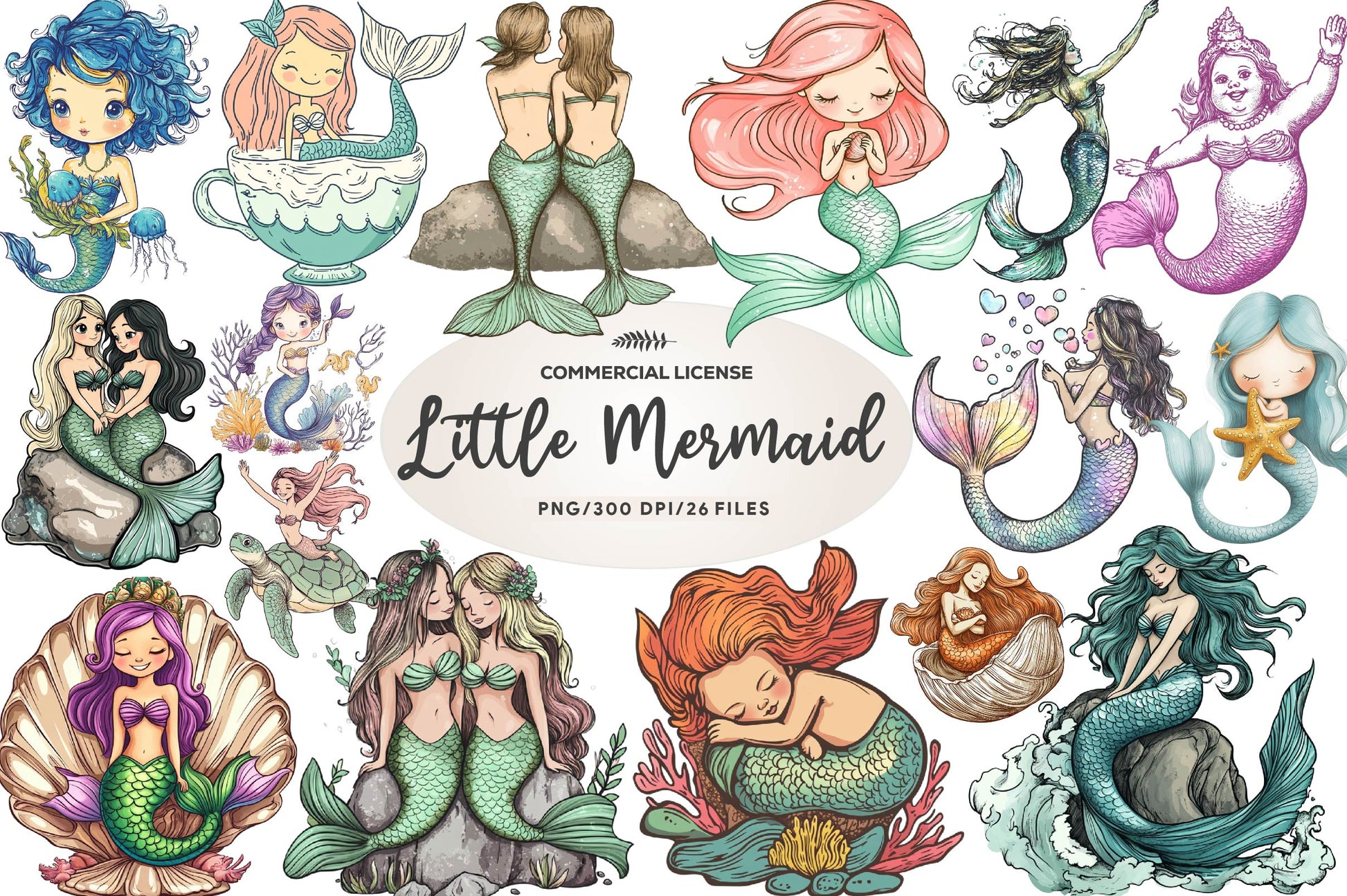 Cute Little Mermaid Clipart Bundle - CraftNest - Digital Crafting and Art