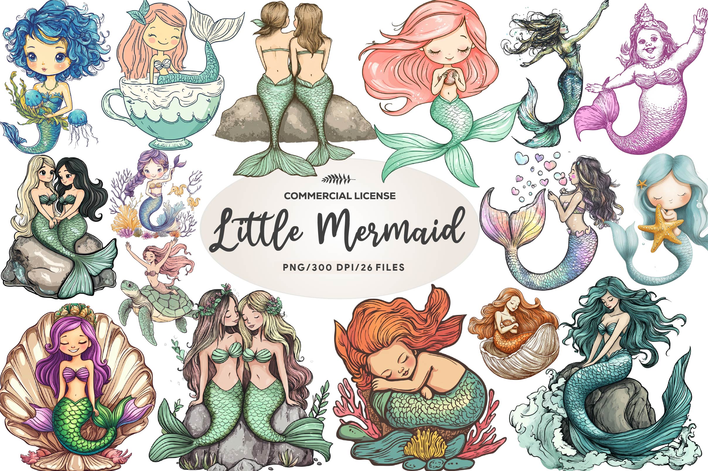 Cute Little Mermaid Clipart Bundle - CraftNest - Digital Crafting and Art