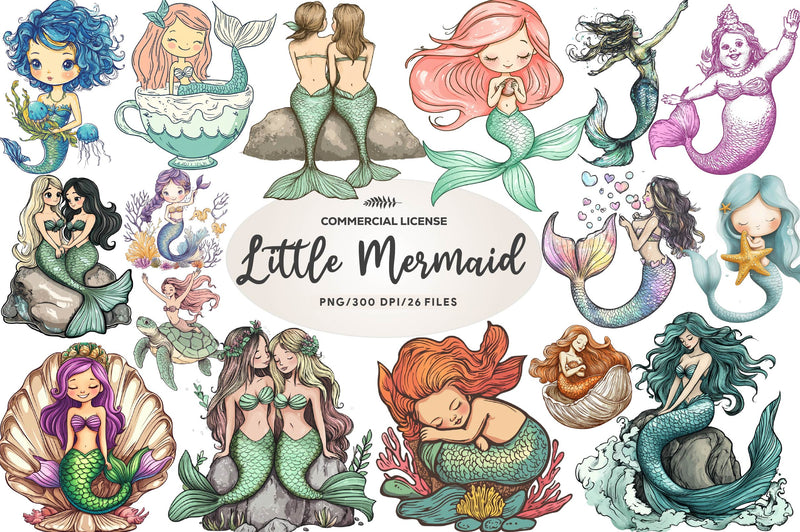 Cute Little Mermaid Clipart Bundle - CraftNest - Digital Crafting and Art