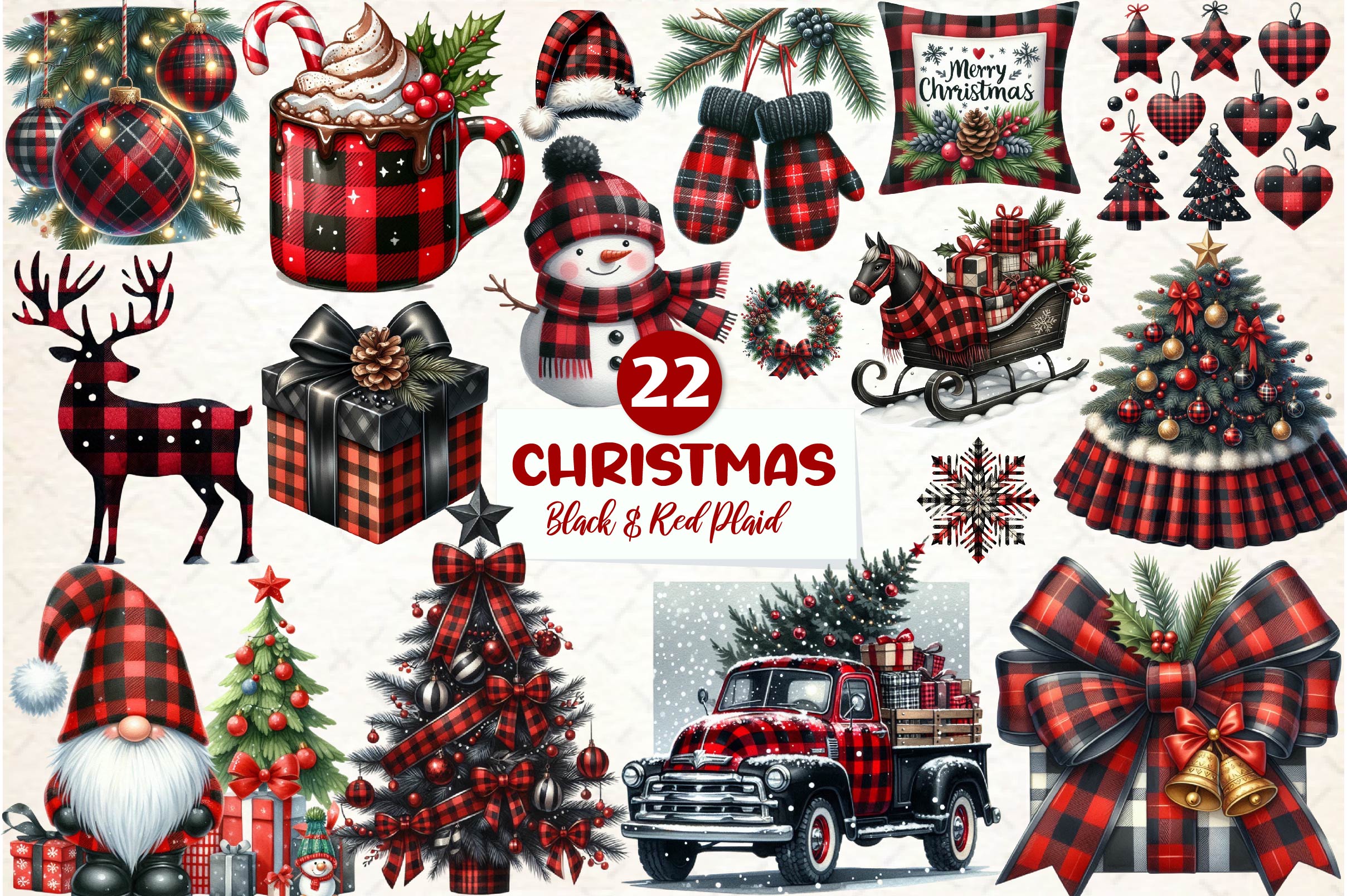 Black & Red Plaid Christmas Clipart Bundle - CraftNest - Digital Crafting and Art