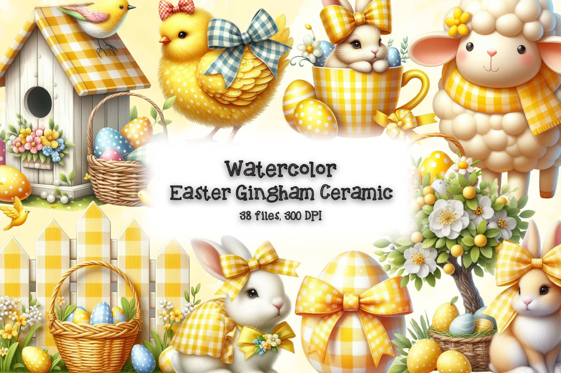 Yellow Easter Gingham Ceramic Clipart Bundle 1 - CraftNest - Digital Crafting and Art