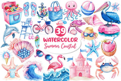 Summer Pink Blue Coastal Clipart Bundle 2 - CraftNest - Digital Crafting and Art