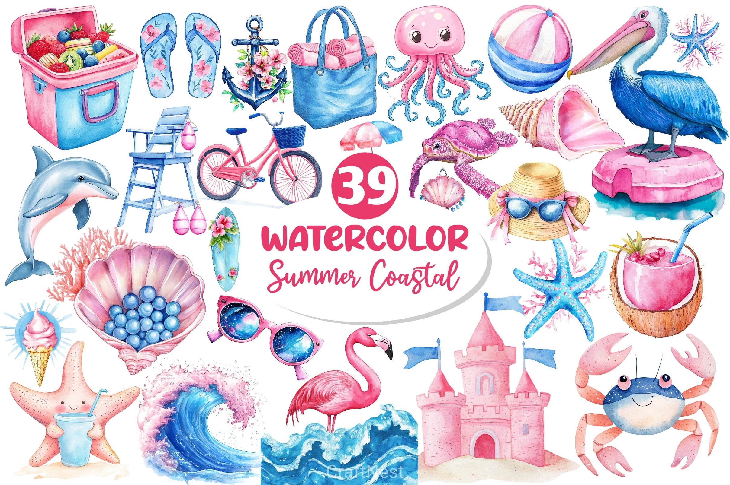 Summer Pink Blue Coastal Clipart Bundle 2 - CraftNest - Digital Crafting and Art