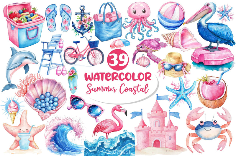 Summer Pink Blue Coastal Clipart Bundle 2 - CraftNest - Digital Crafting and Art