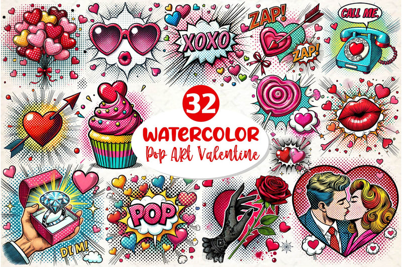 Cute Pop Art Valentines Day Clipart Bundle - CraftNest - Digital Crafting and Art
