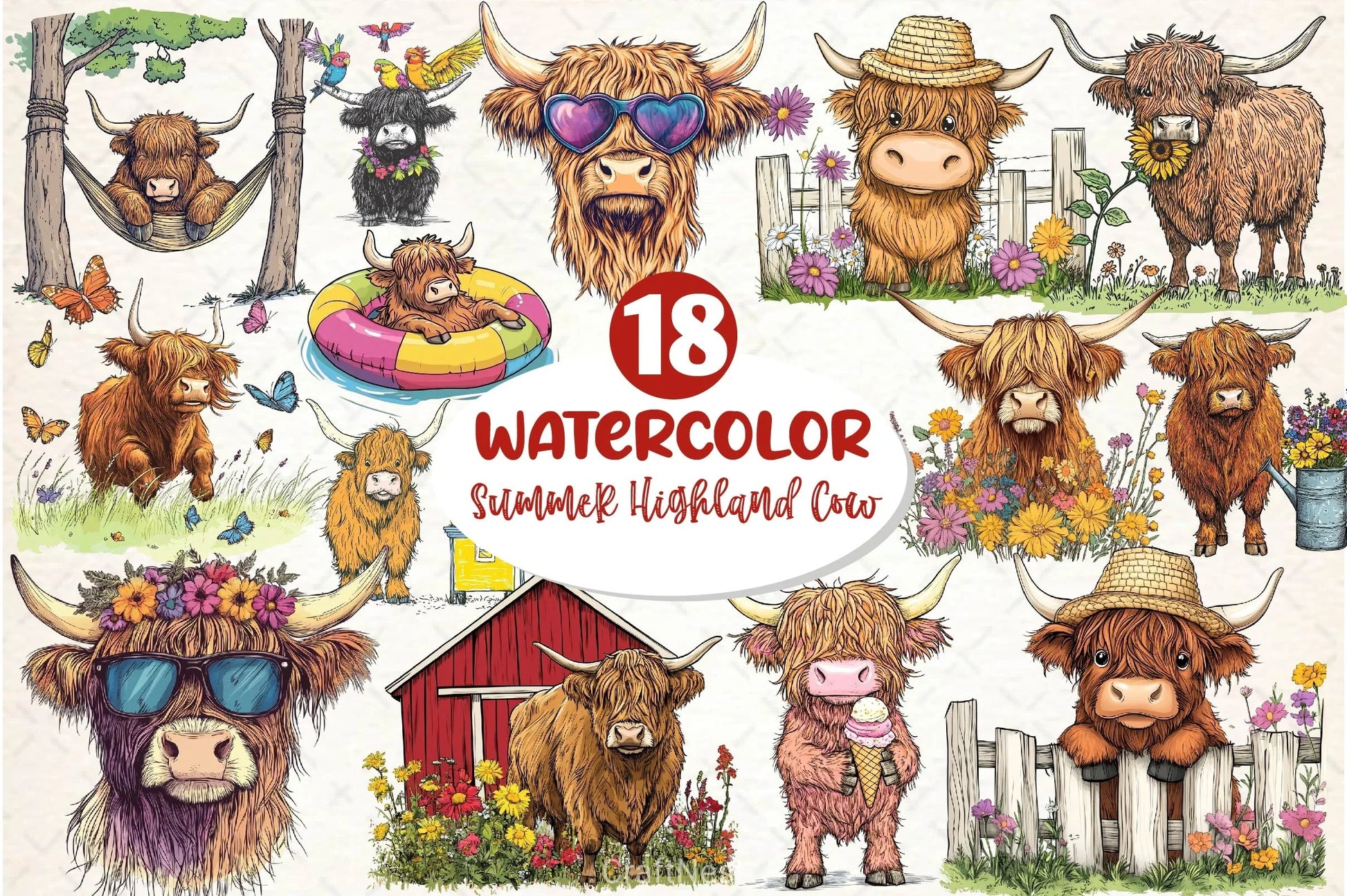 Summer Highland Cow Clipart Bundle 3 - CraftNest - Digital Crafting and Art
