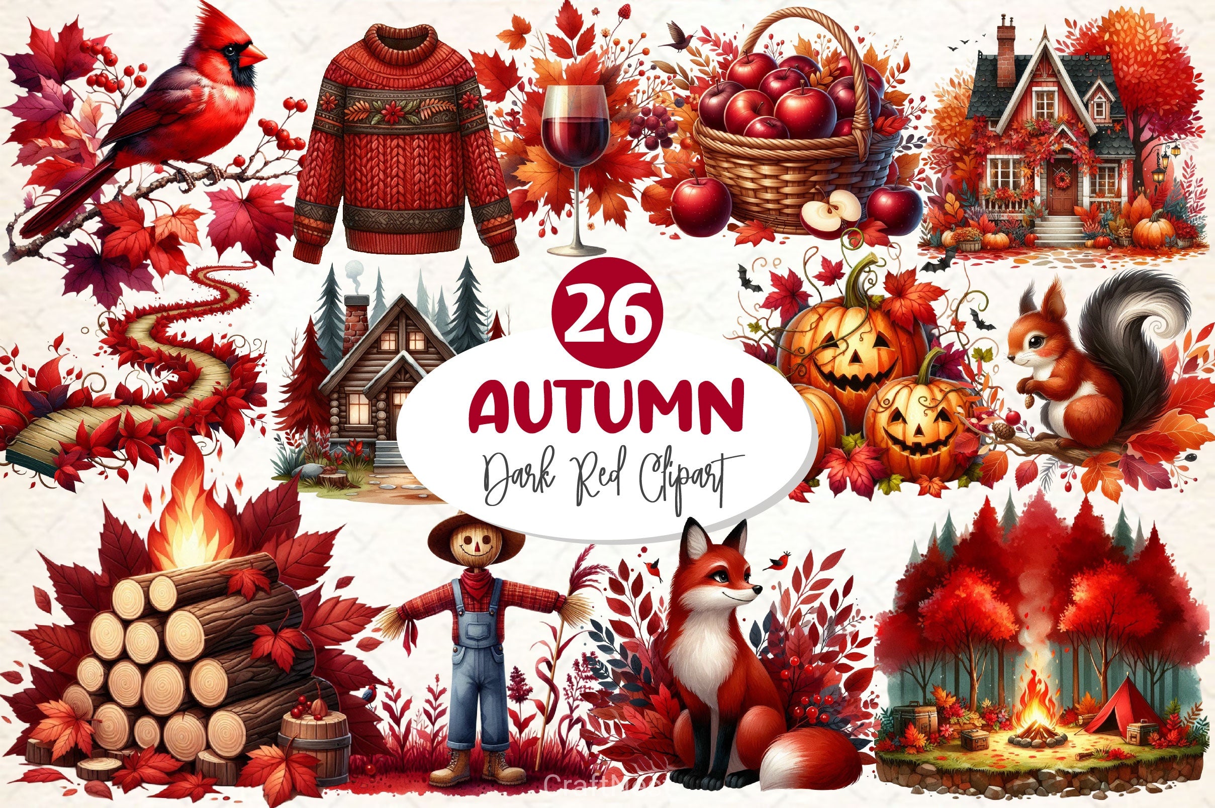 Dark Red Autumn Clipart Bundle - CraftNest - Digital Crafting and Art