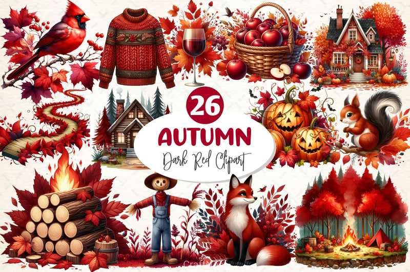 Dark Red Autumn Clipart Bundle - CraftNest - Digital Crafting and Art