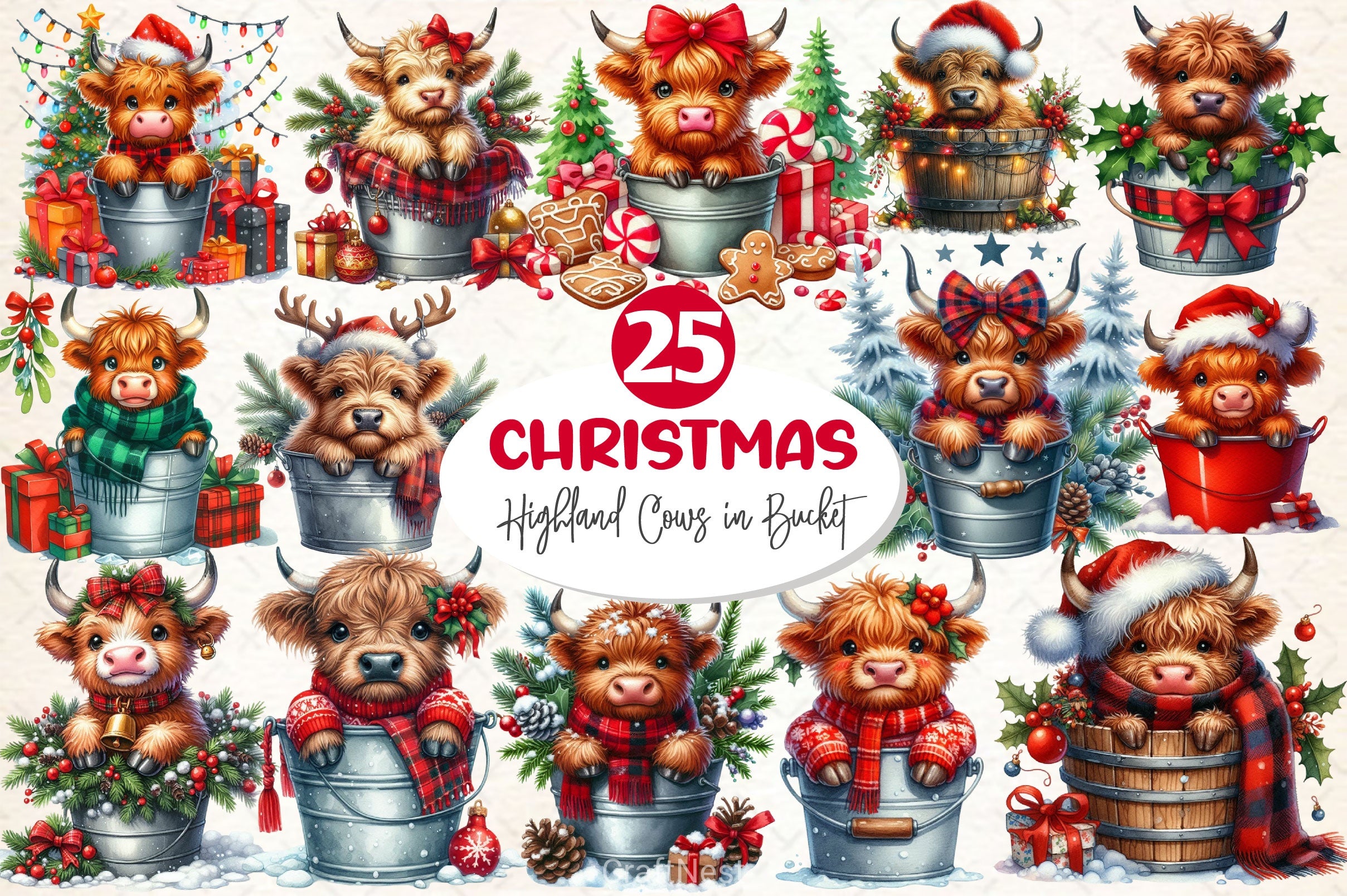 Christmas Highland Cows In Bucket Clipart Bundle - CraftNest - Digital Crafting and Art