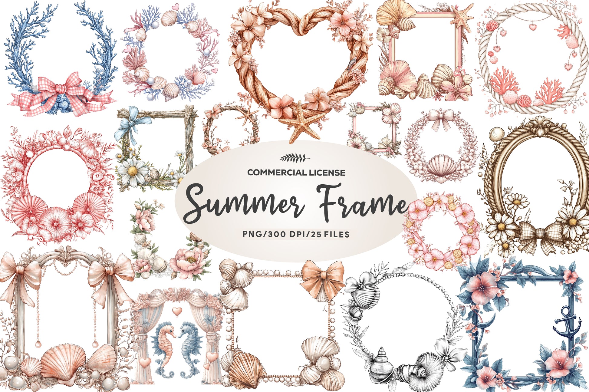 Coquette Coastal Summer Frame Clipart Bundle - CraftNest - Digital Crafting and Art