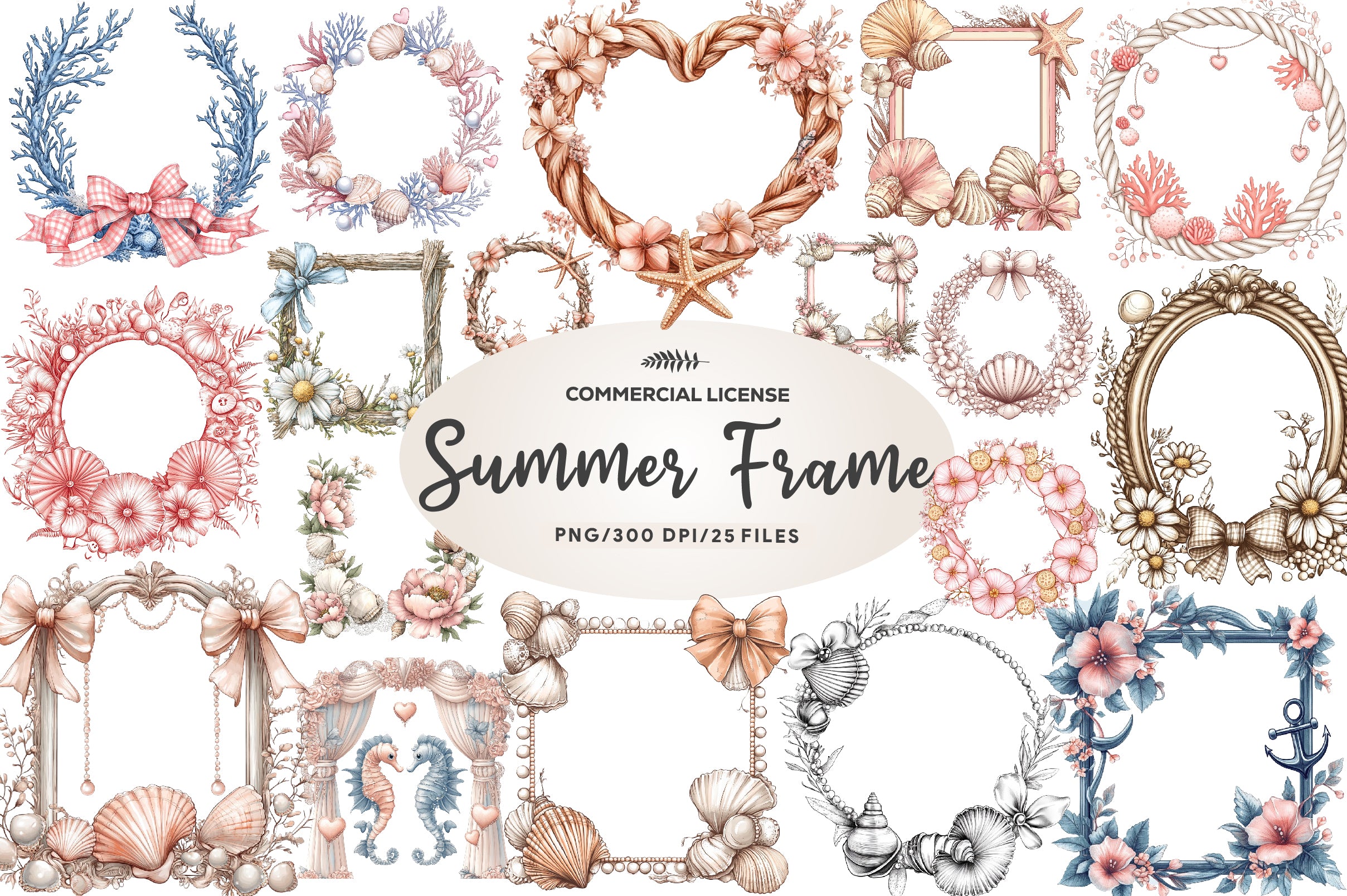 Coquette Coastal Summer Frame Clipart Bundle - CraftNest - Digital Crafting and Art