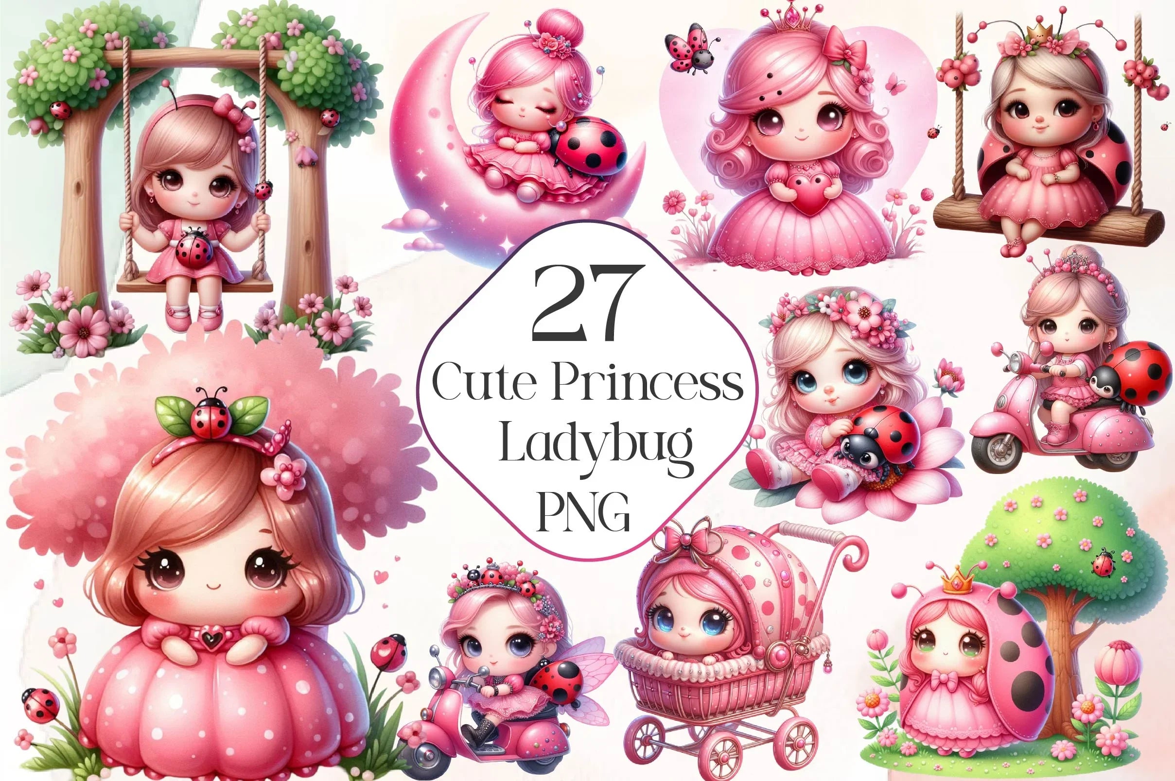 Cute Princess Ladybug Clipart Bundle