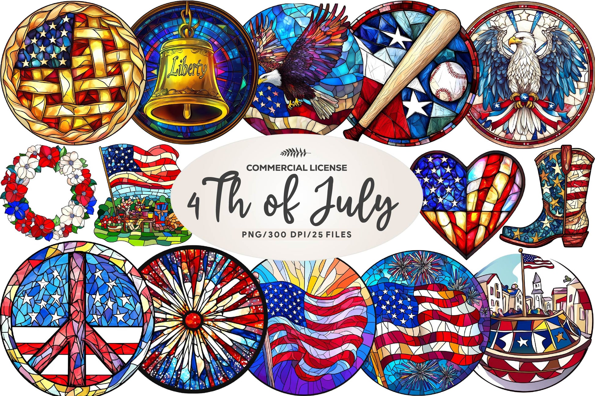 Round Stained Glass 4th Of July Clipart Bundle 2 - CraftNest - Digital Crafting and Art