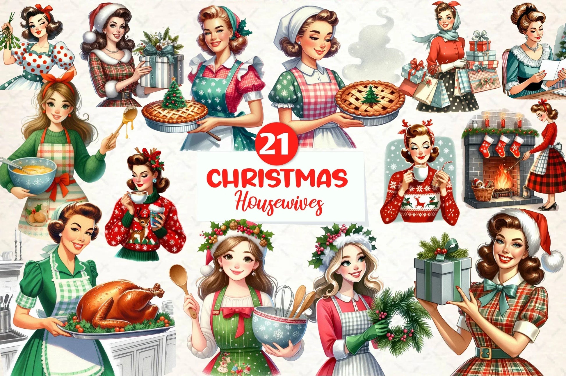 Retro Christmas Housewives Clipart Bundle - CraftNest - Digital Crafting and Art