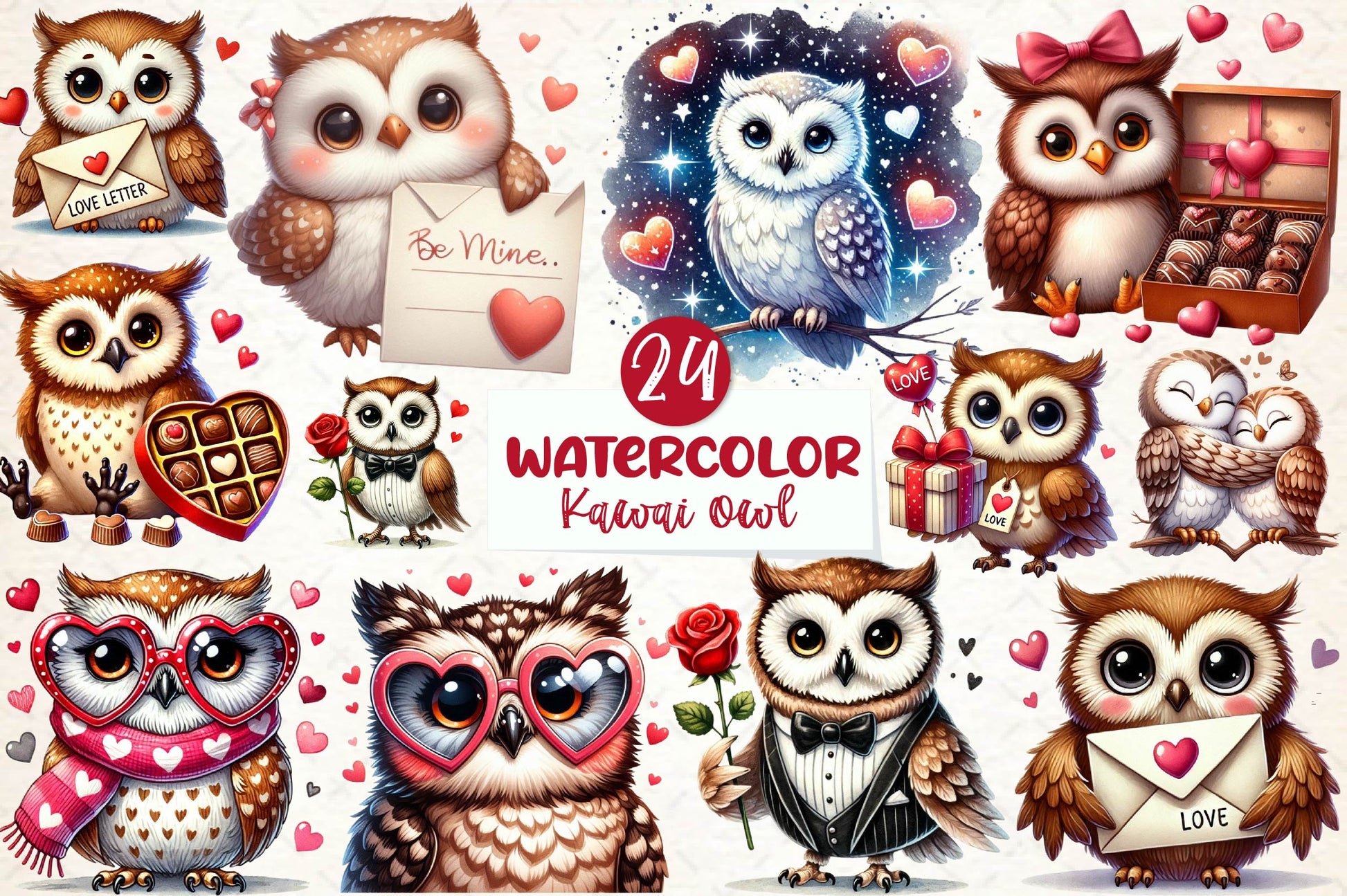 Cute Kawaii Owl Valentine Clipart Bundle - CraftNest - Digital Crafting and Art