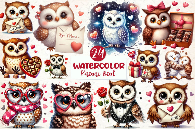 Cute Kawaii Owl Valentine Clipart Bundle - CraftNest - Digital Crafting and Art