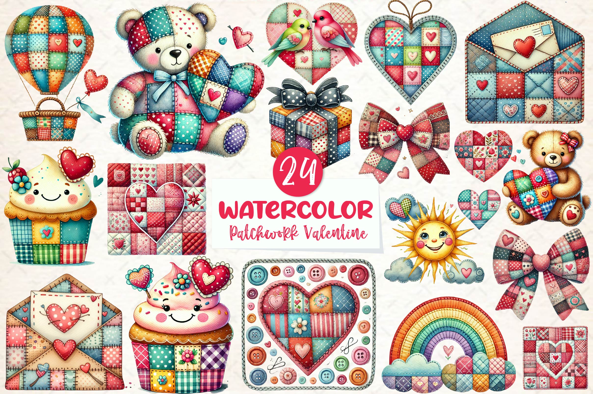 Patchwork Valentines Day Clipart Bundle - CraftNest - Digital Crafting and Art