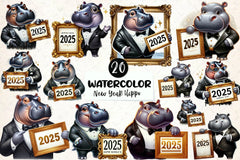 Hippo Happy New Year 2025 Clipart Bundle - CraftNest - Digital Crafting and Art